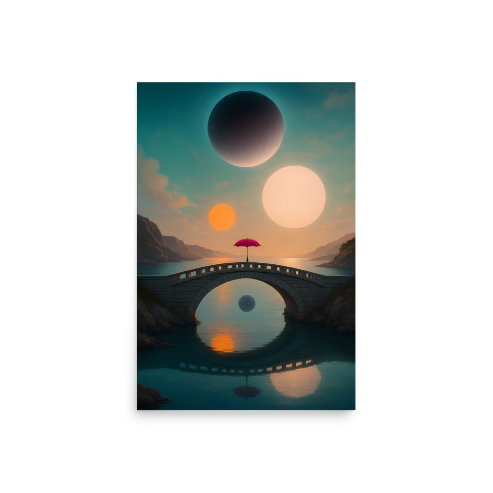Futuristic landscape with a bridge over a reflective surface, featuring three large celestial bodies. Space.