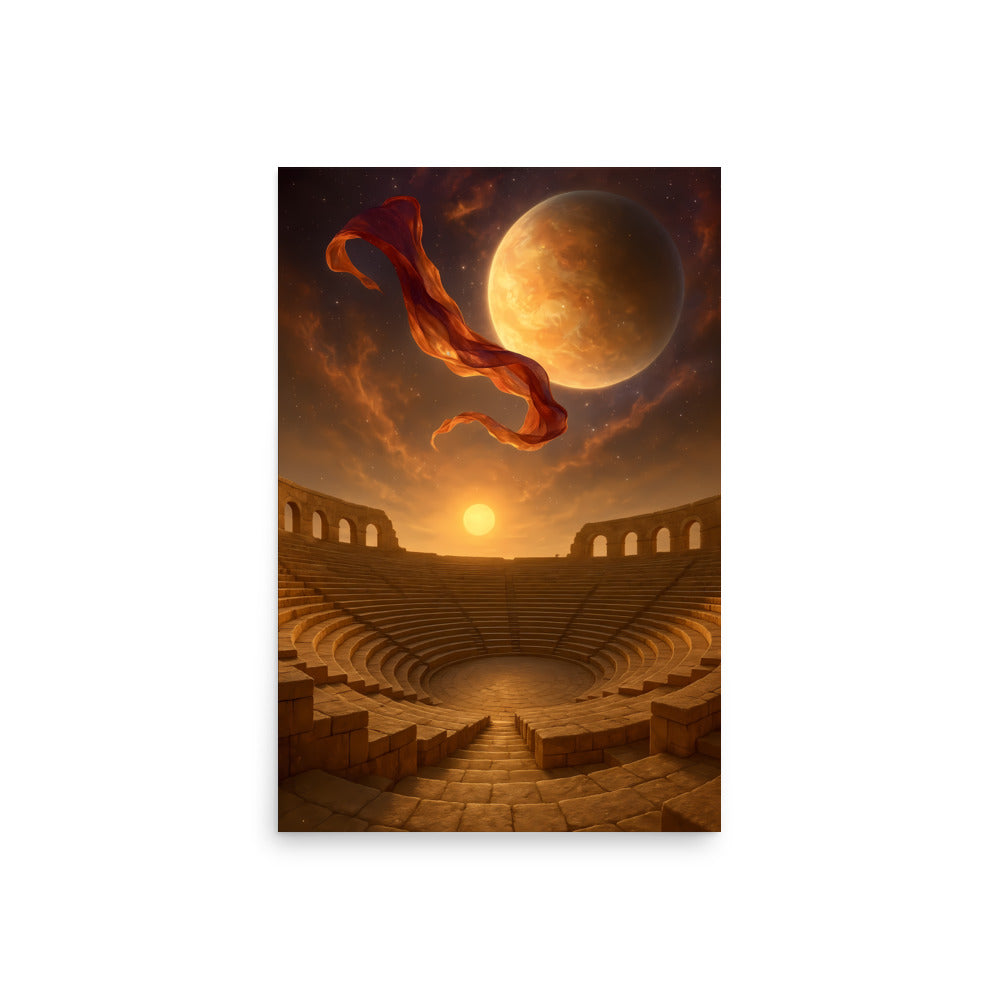 Futuristic arena with a planet and fiery cloud in the sky