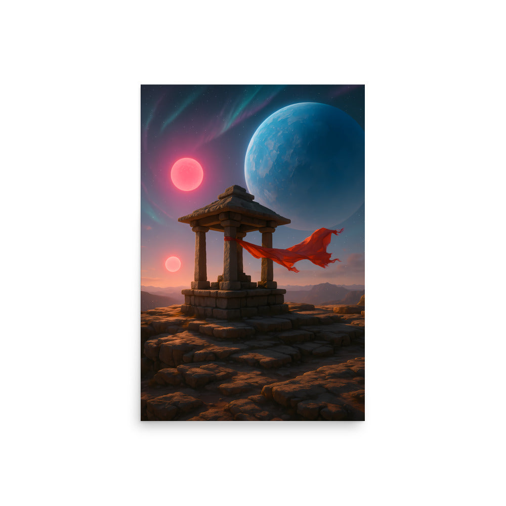 Stone temple with a red flag against a fantasy sky with two moons and a large planet.