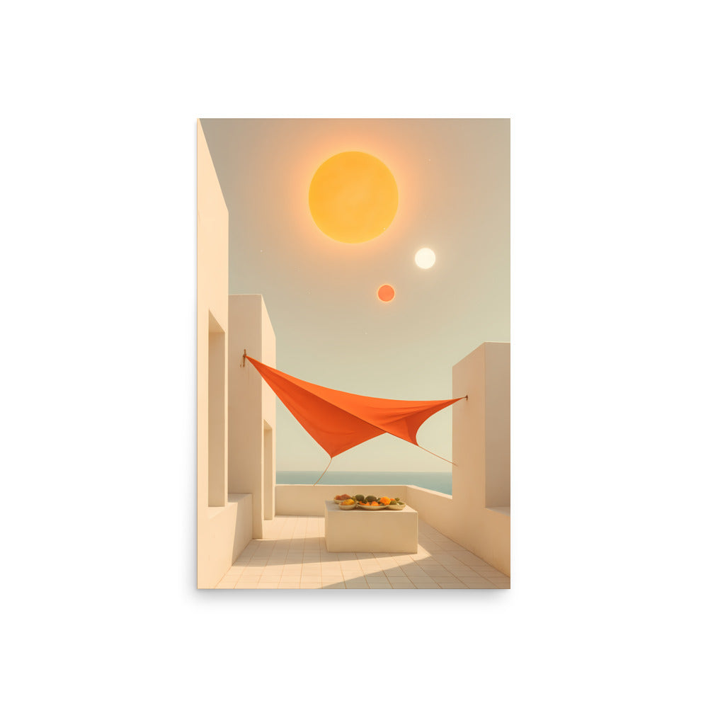 Orange hammock hanging in a minimalistic room with a sun and moon illustration on the wall.