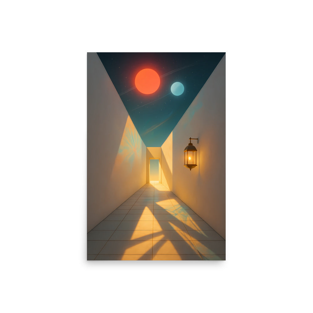 Illustration of a hallway with a lamp and abstract celestial bodies on the wall.
