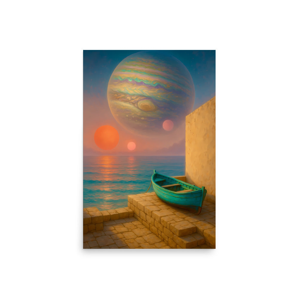 Futuristic scene with a planet over water and a boat on a wall.
