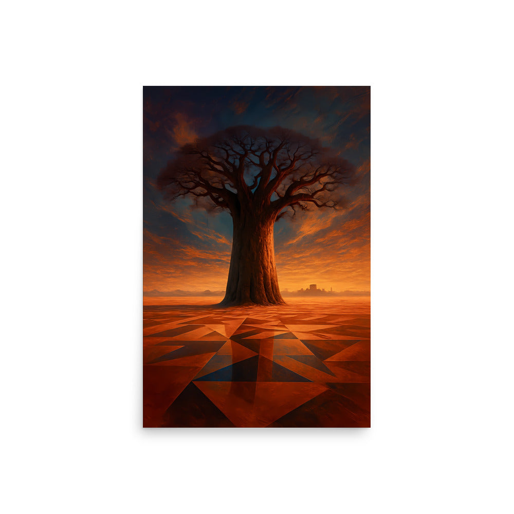 Mystical Baobab  landscape with a large tree at sunset on a white background in Africa