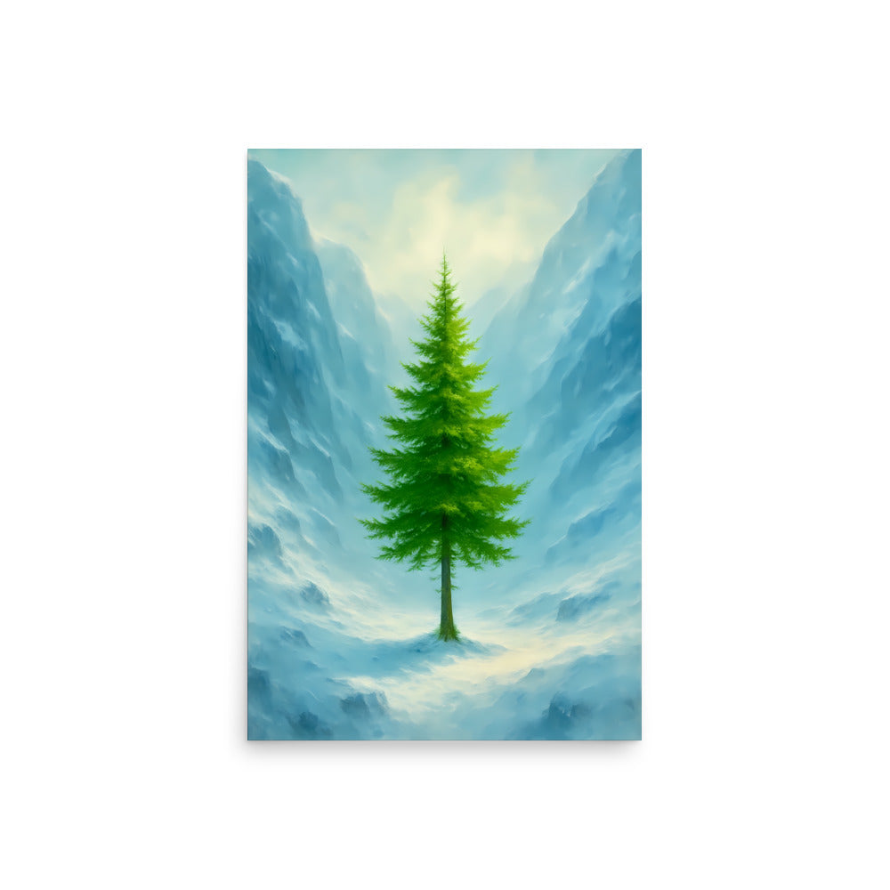 Single pine tree in a mountainous landscape with blue sky and clouds