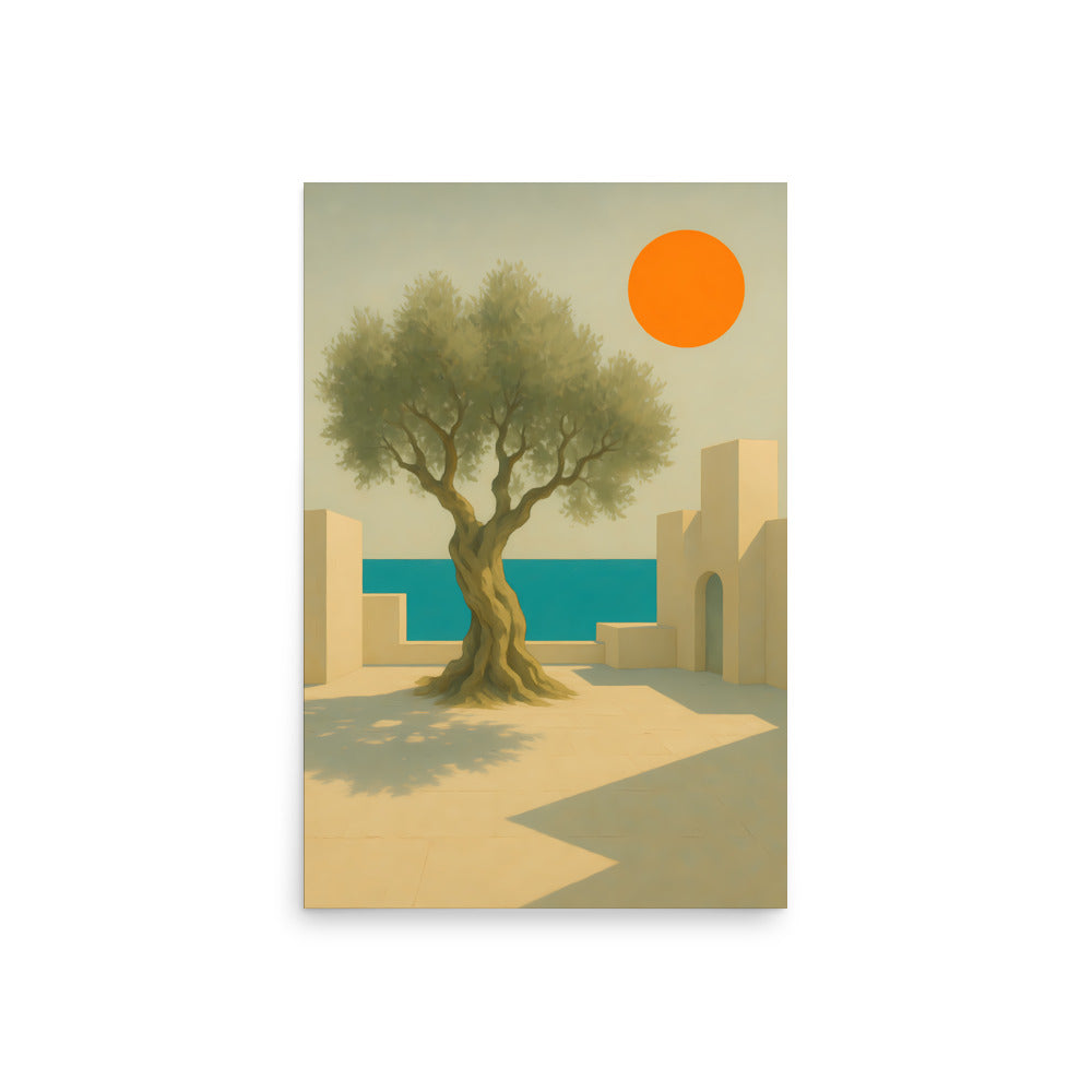Surreal landscape with a tree, sun, and architectural elements on a beige background