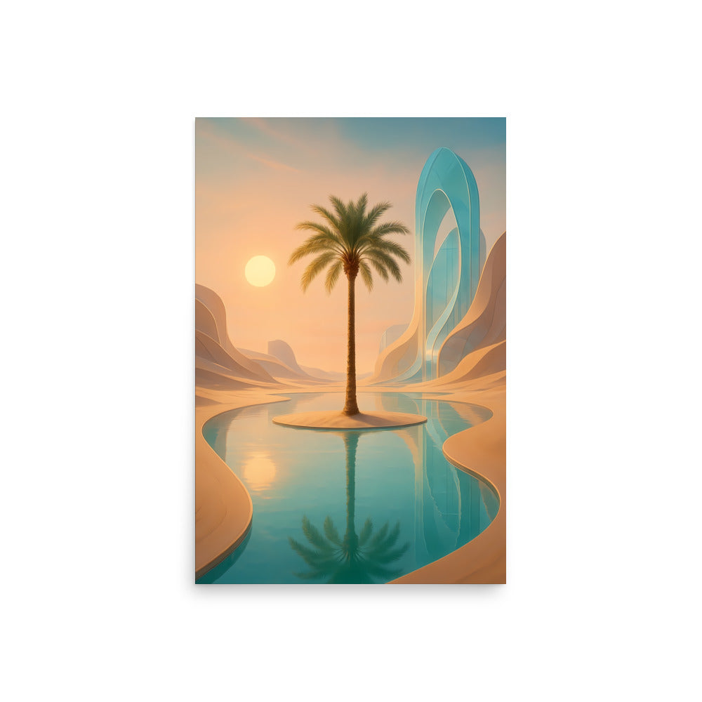 Surreal landscape with palm tree and abstract shapes on a white background