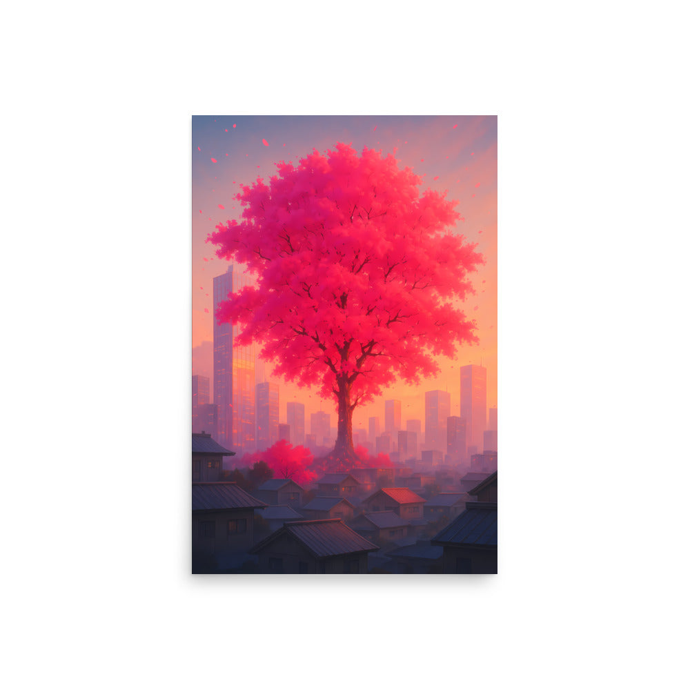 Cherry blossom tree in a cityscape with a pastel sky