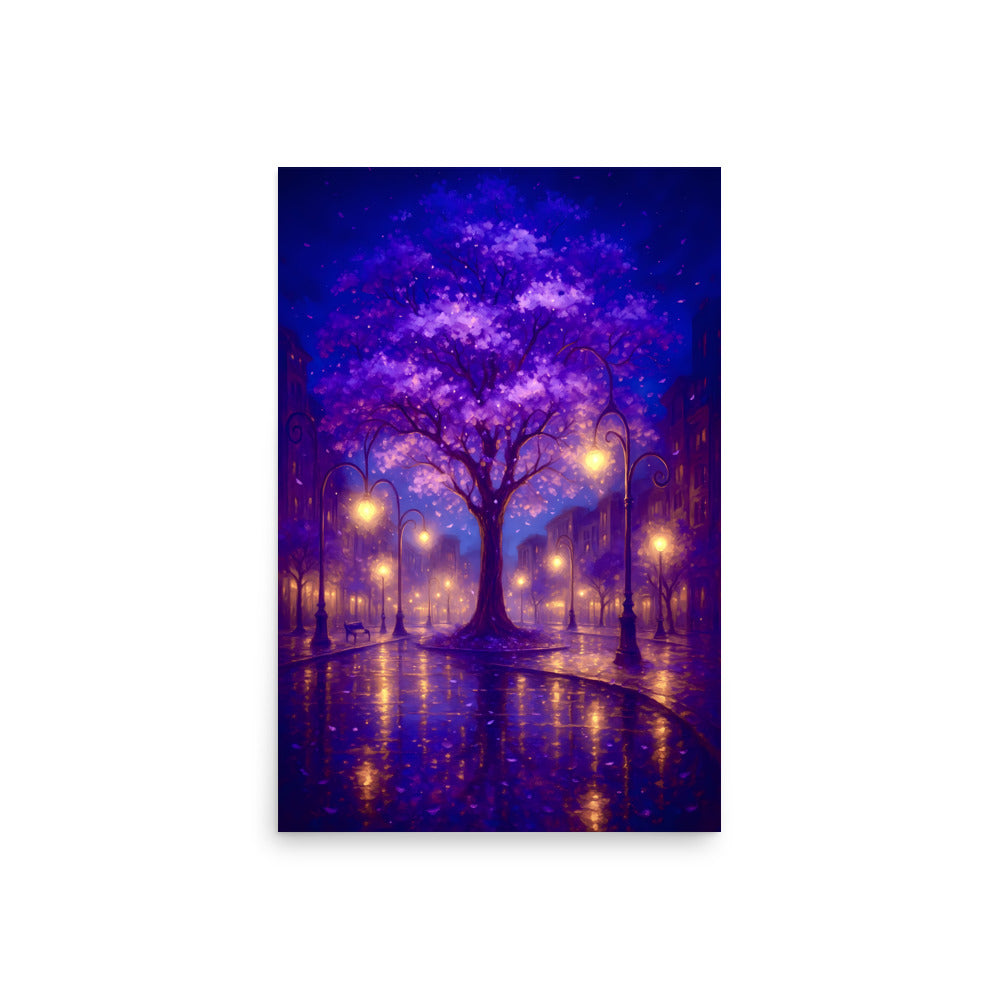 Futuristic cityscape with tall buildings a famous tree and purple sky.