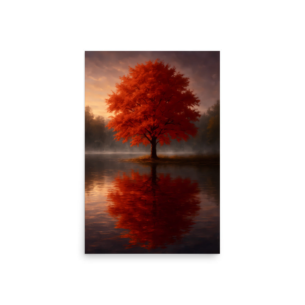 Red tree with reflection on water against a dark sky