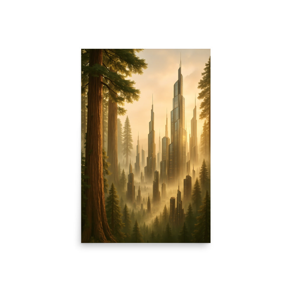 Futuristic cityscape emerging from a forest with tall trees and mist.