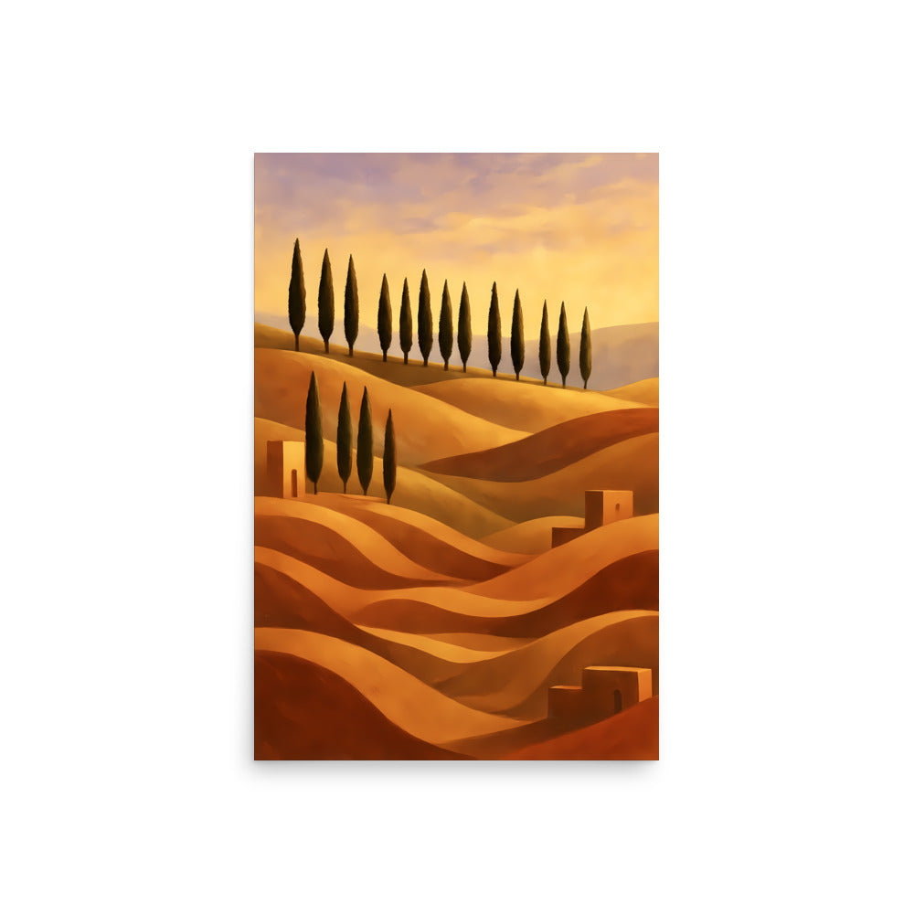 Artistic depiction of a Tuscan landscape with cypress trees and rolling hills.