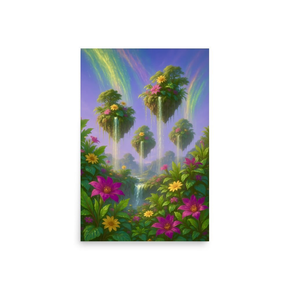 Artwork of a fantasy landscape with flowers, trees, and rainbows on a white background.