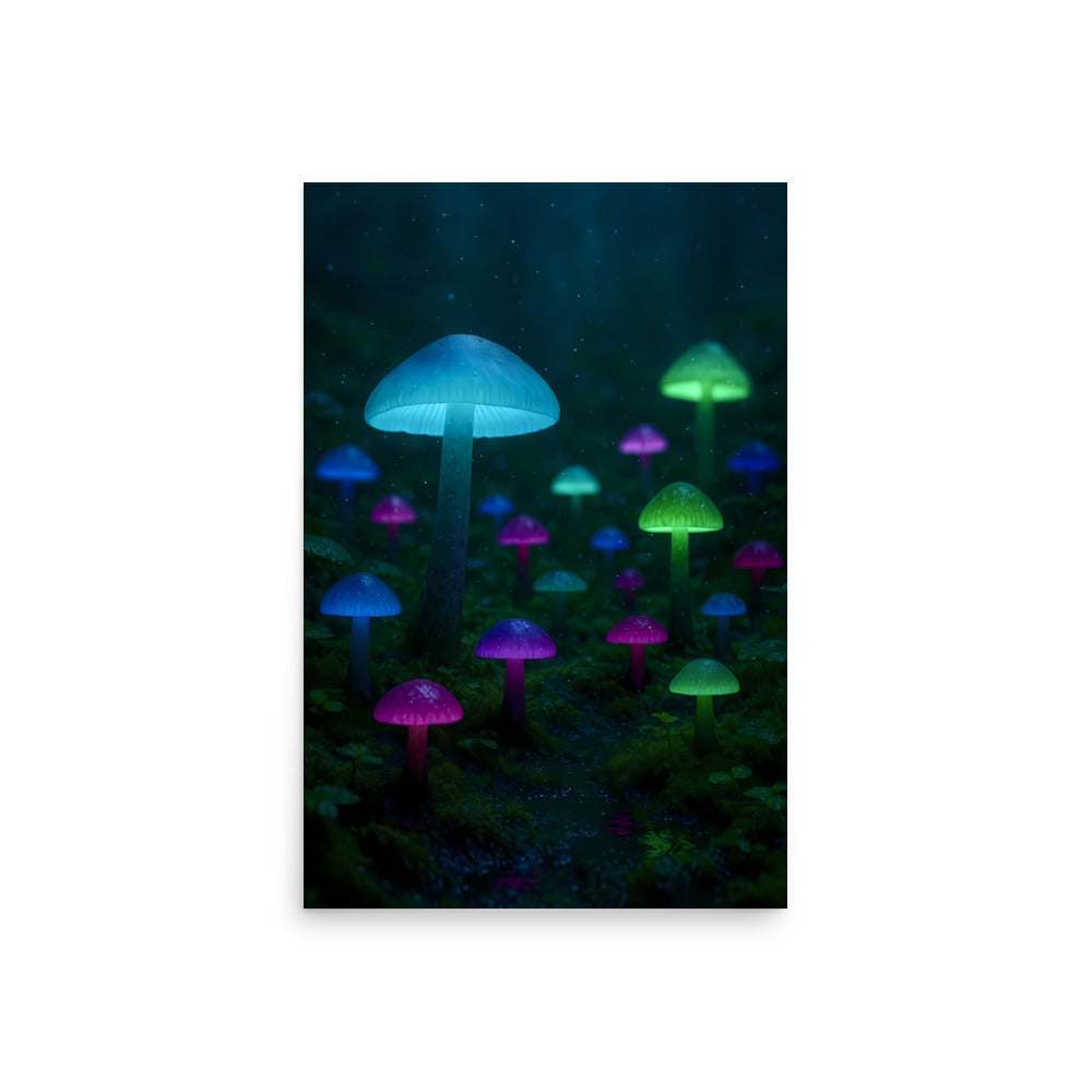 Glowing mushrooms in a dark forest setting