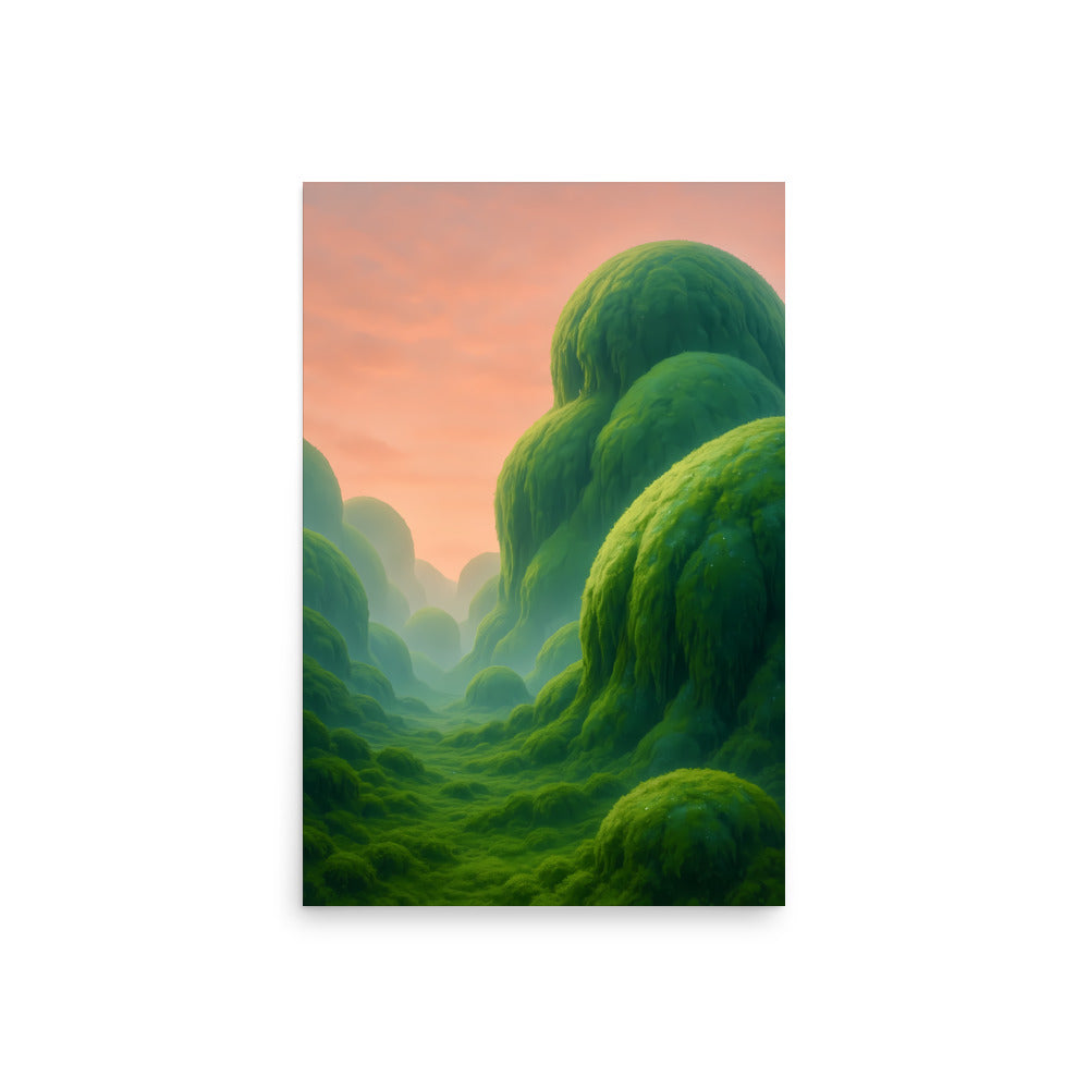 Mossy green landscape with a pinkish-orange sky