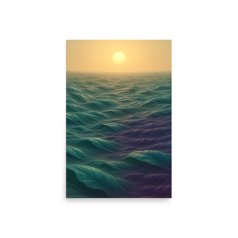 Surreal ocean scene with wavy patterns and a sun in the sky