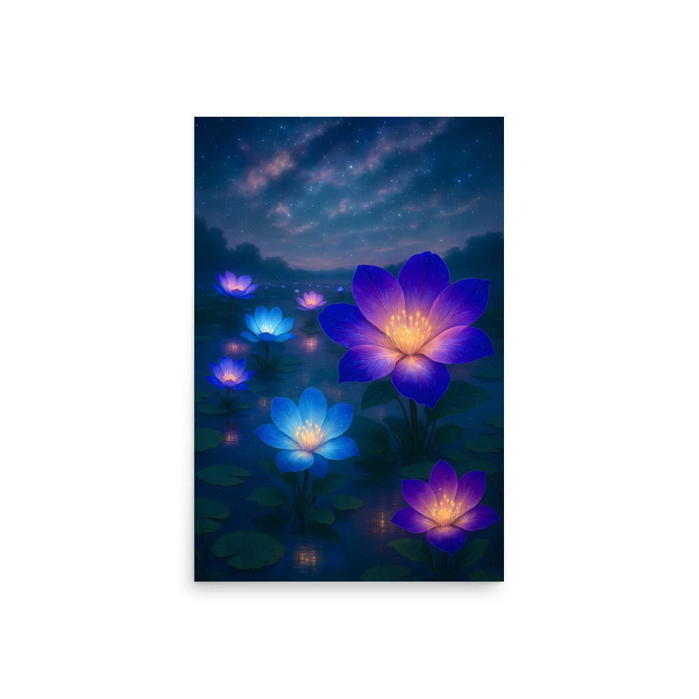 Futuristic glowing lotus flowers in a dark underwater setting