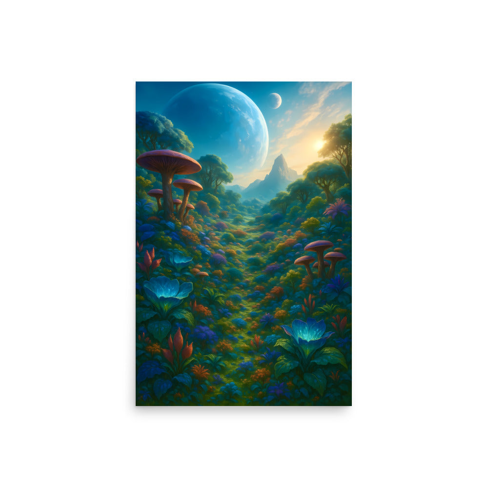 Fantasy landscape with mushrooms, flowers, and a planet in the sky on a white background