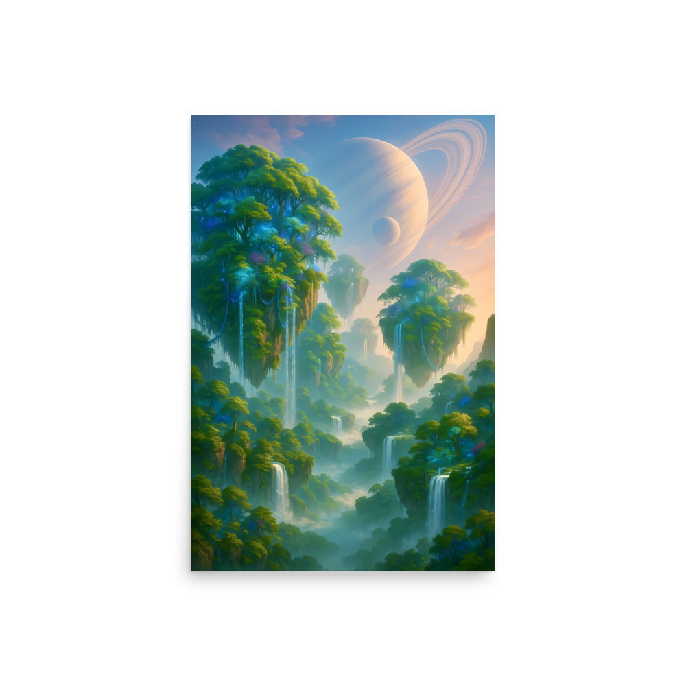 Fantasy landscape with lush greenery and a planet in the background