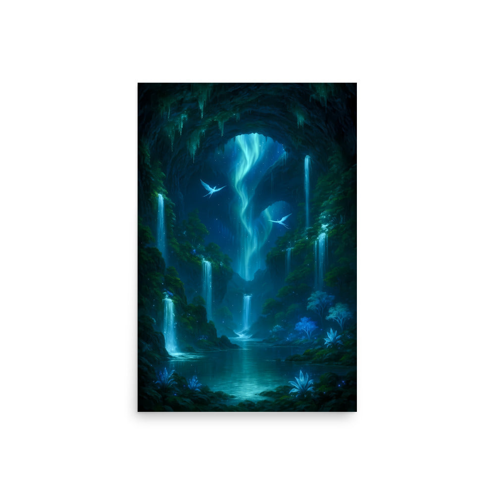 Fantasy landscape with glowing blue water and trees on a white background