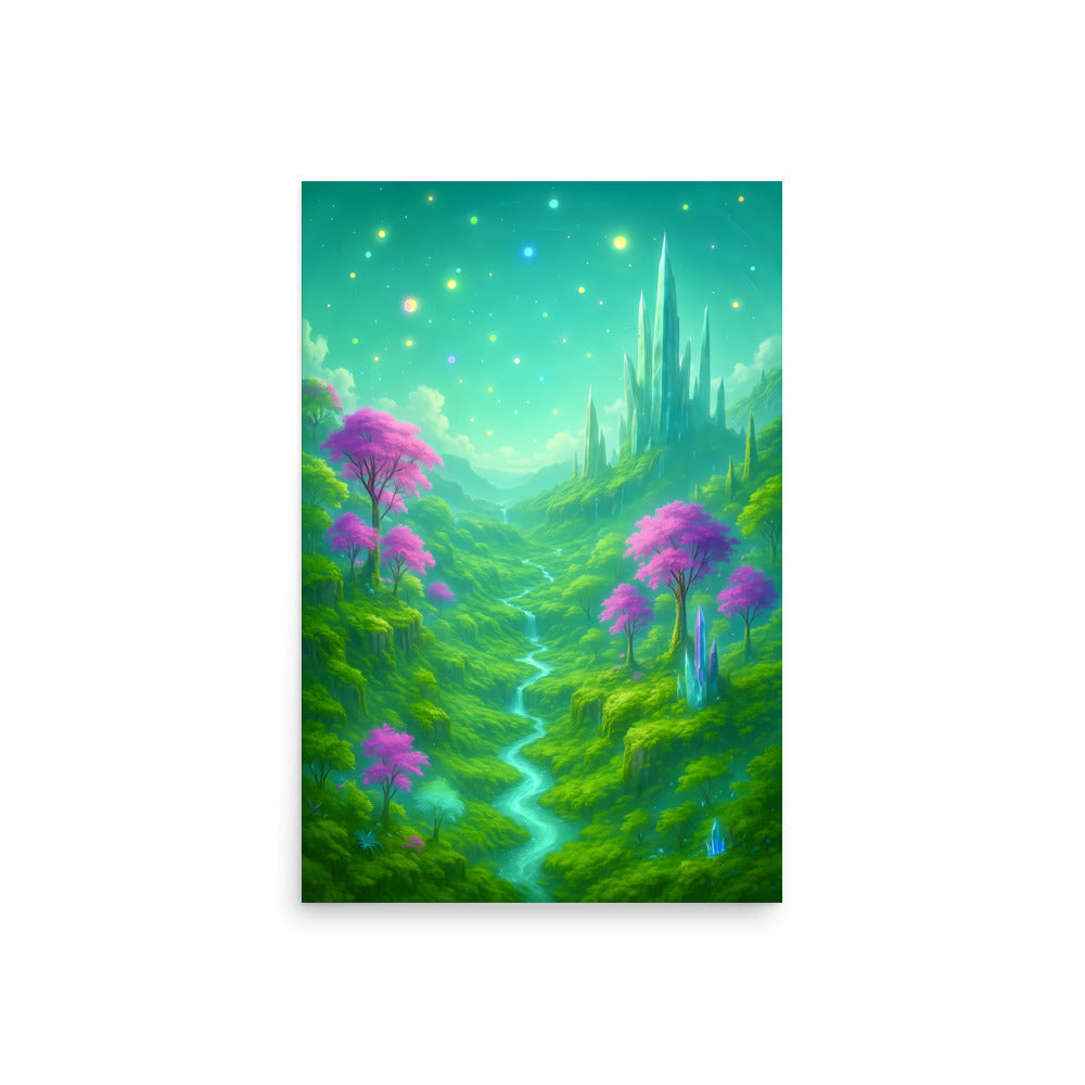 Fantasy landscape with purple trees and a glowing blue sky.