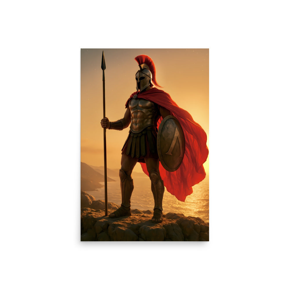 Spartan warrior with a red cape holding a spear and shield against a sunset background