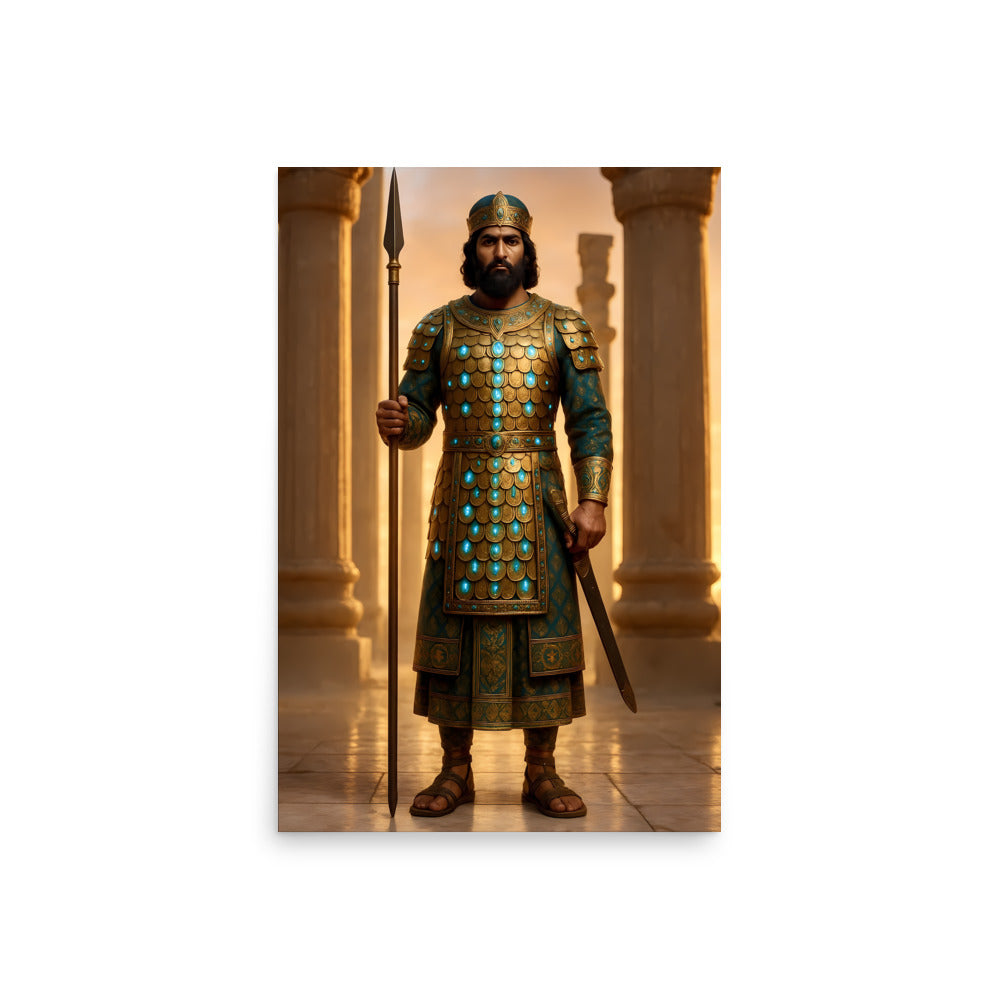 Person in ancient warrior armor holding a spear and sword in a classical setting