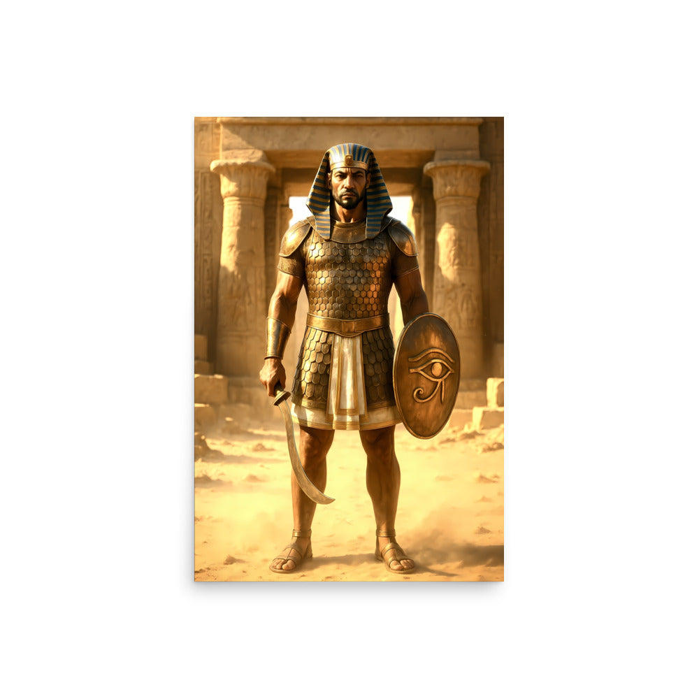 Man in ancient Egyptian warrior costume with a shield featuring an eye symbol, standing in front of temple columns.