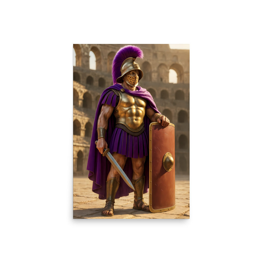 Roman soldier in full armor with a shield and sword in front of the Colosseum.