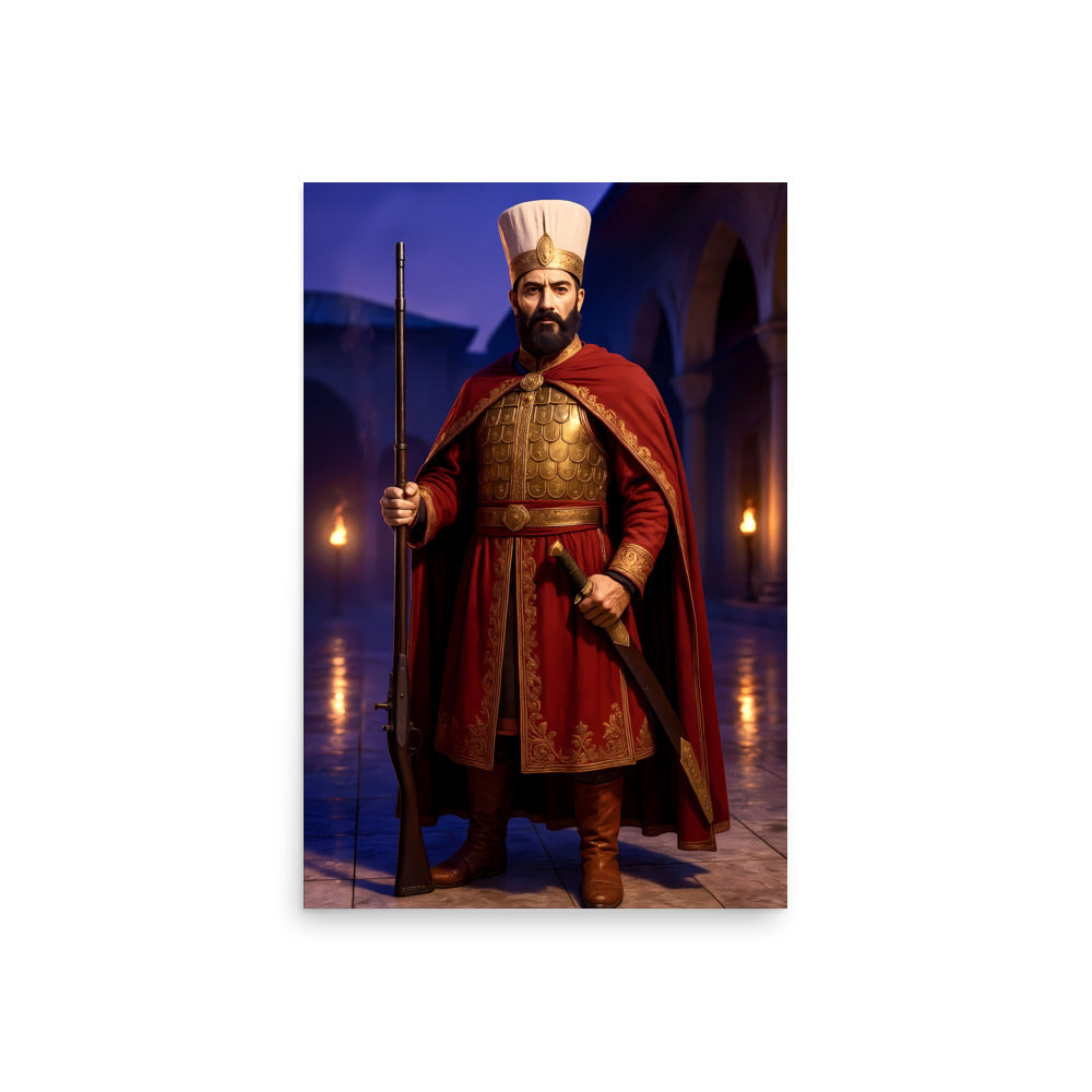 Man in historical armor with a red cape holding a spear in a dimly lit room.