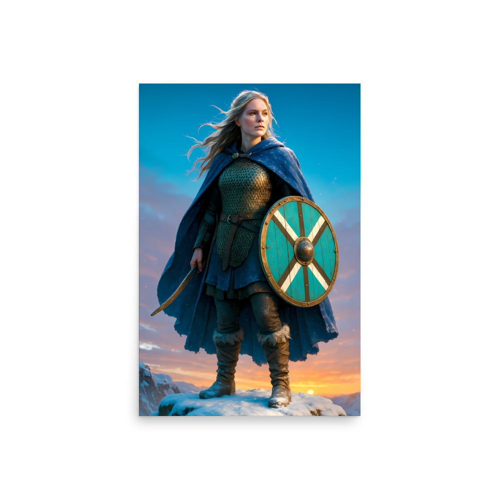 Viking warrior with a shield and spear against a sunset sky