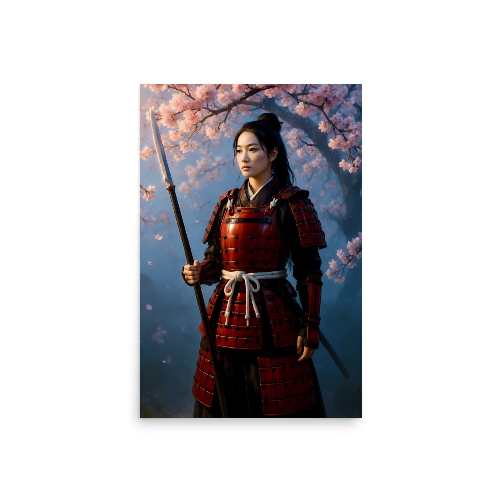 Woman in traditional armor holding a spear with cherry blossoms in the background