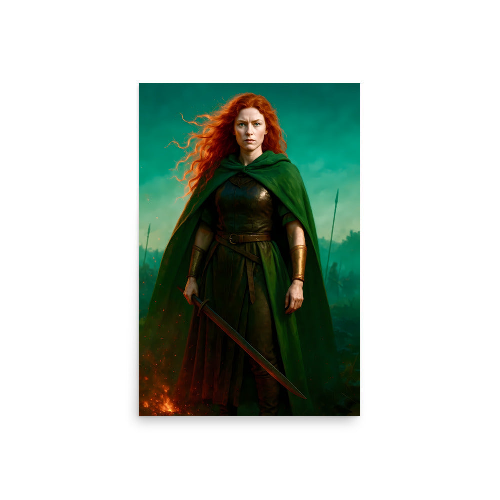 Character in a green cloak with a sword, standing in a forest setting