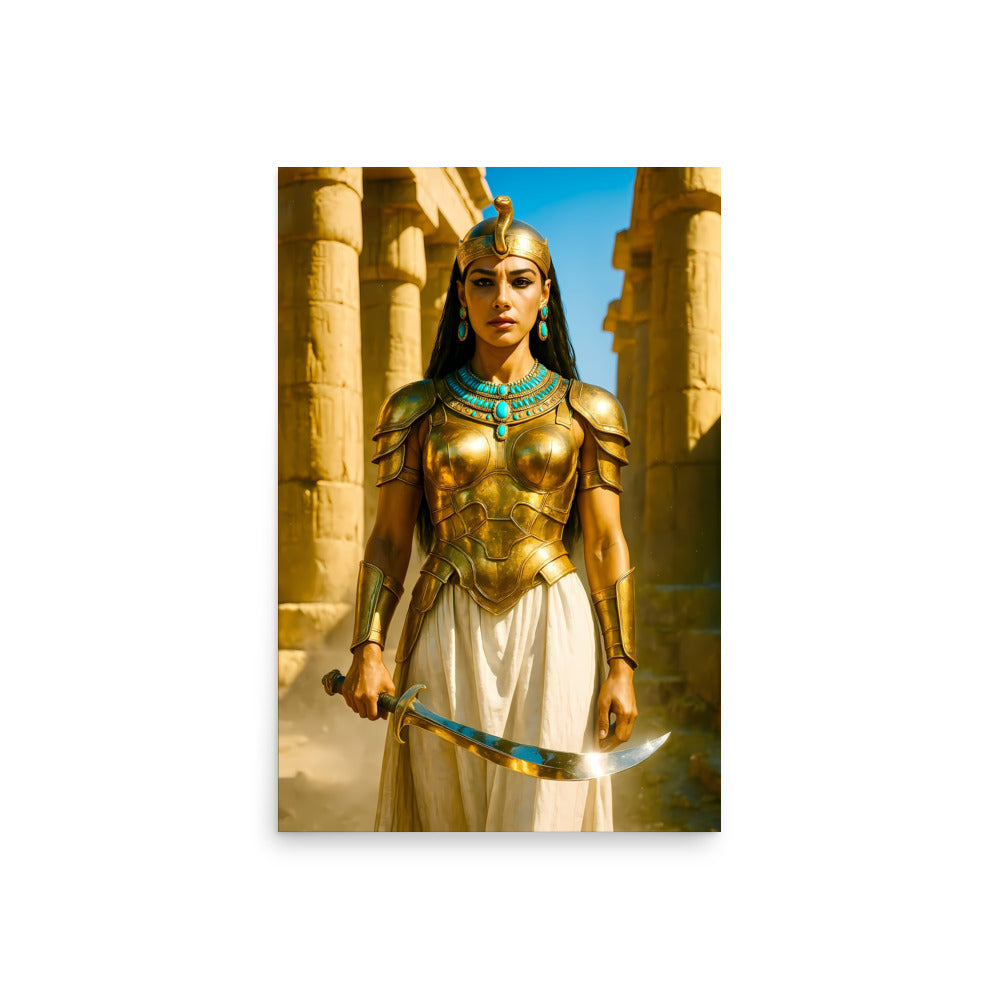 Person in ancient Egyptian costume with gold armor and a sword, standing in front of temple columns.