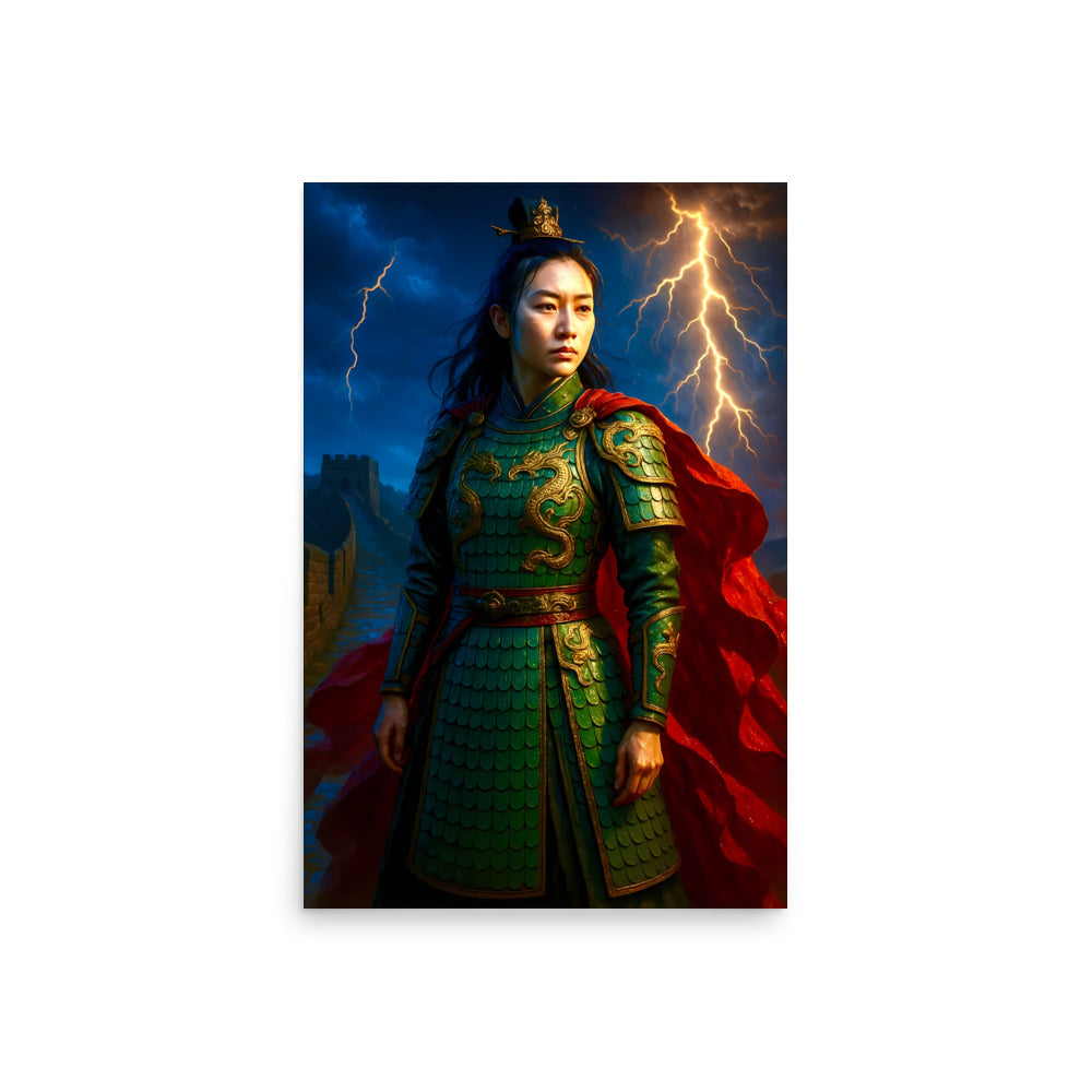 Person in ornate green and red armor with a dramatic sky and lightning background