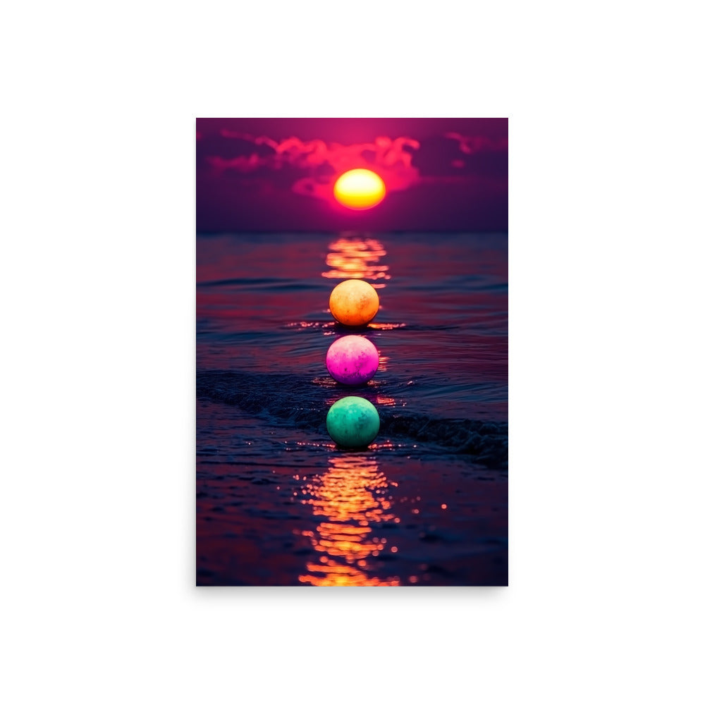 Colorful illuminated balloons floating on water at sunset