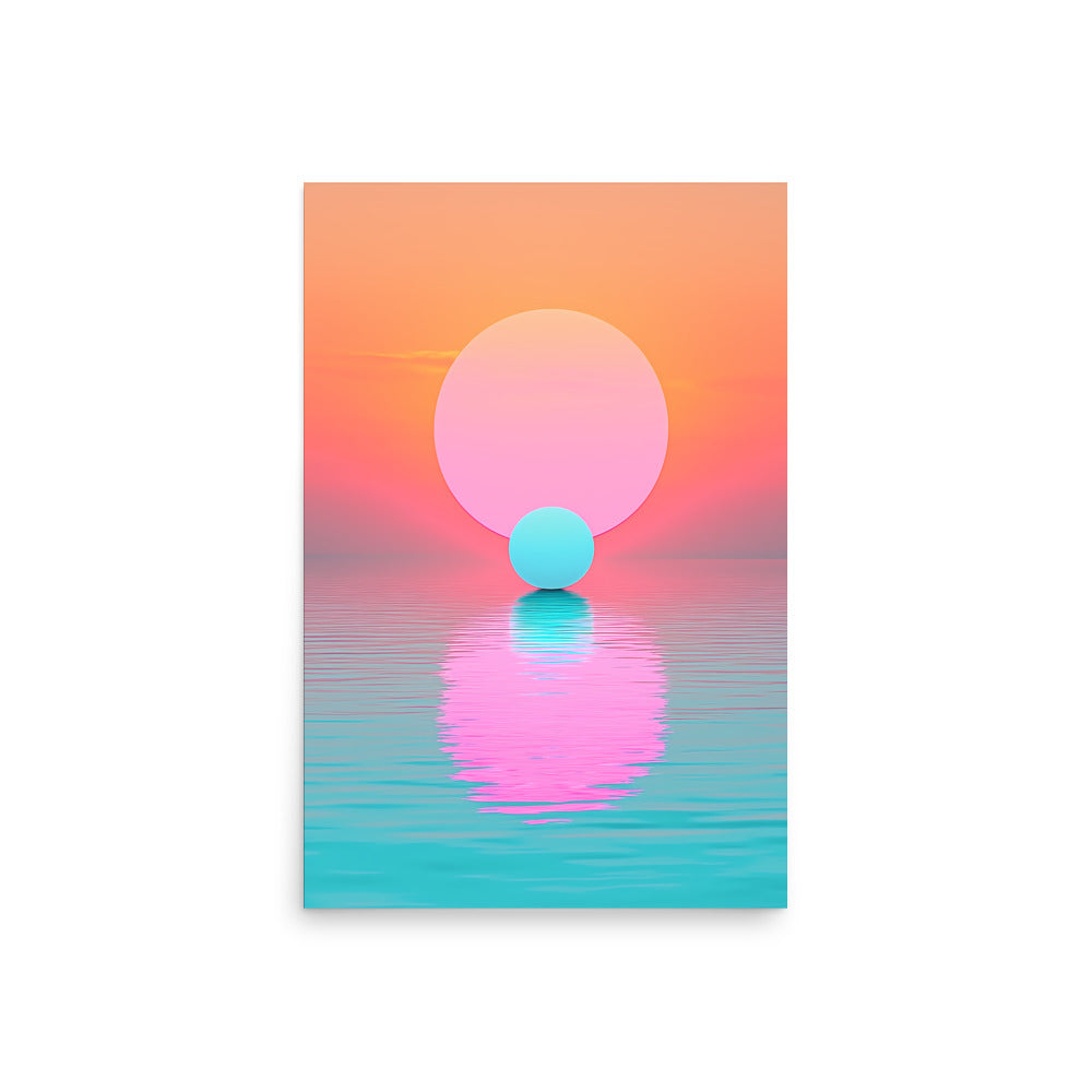 Surreal landscape with a pink sphere and blue ball on a gradient background