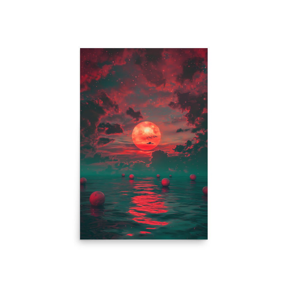 Red sun setting over water with red and black sky