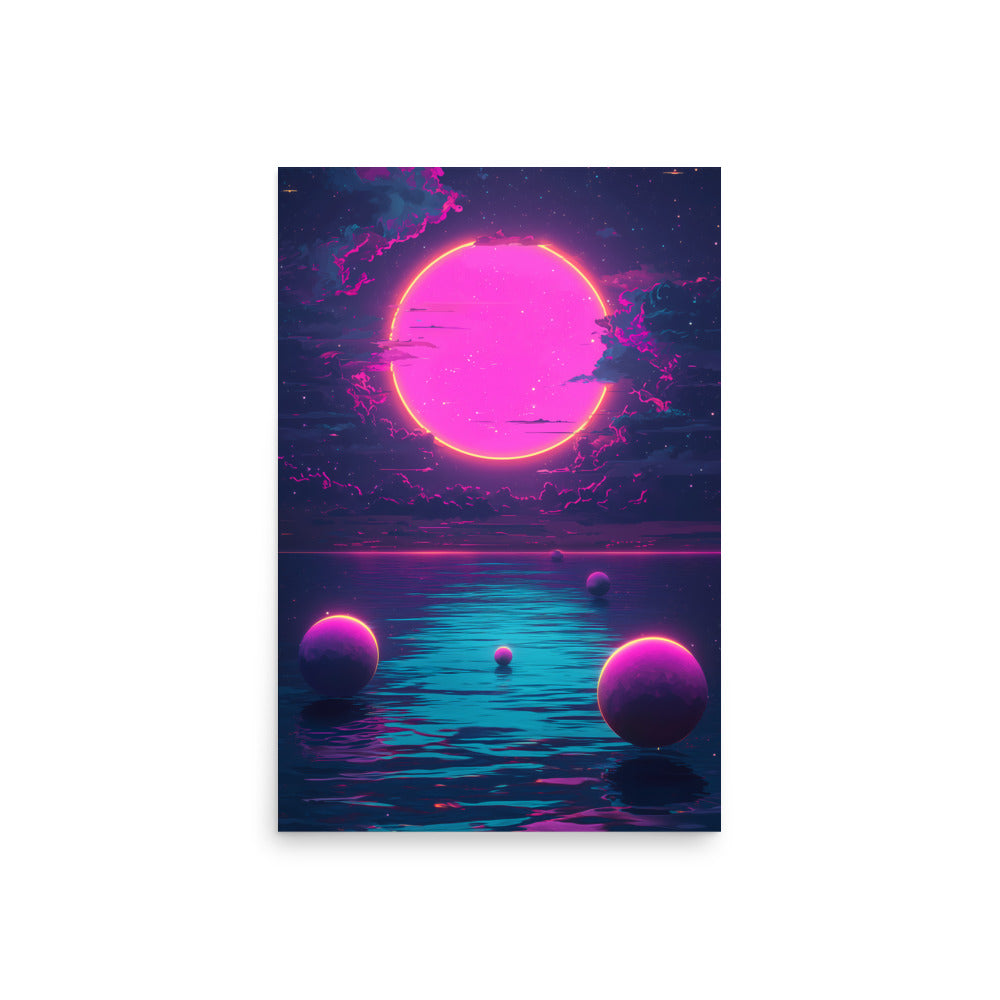 Futuristic landscape with a pink sun and planets over water on a white background