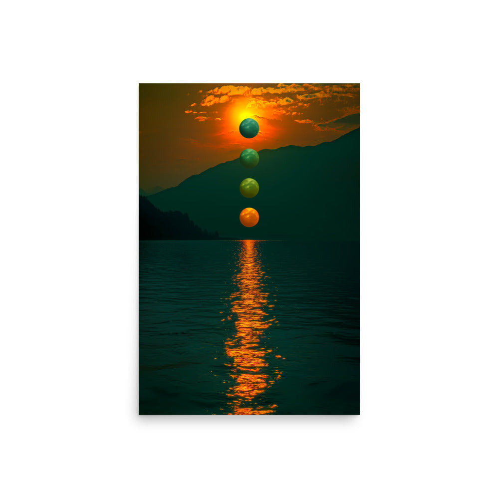 Sunset over a mountain range with three reflective spheres on water.