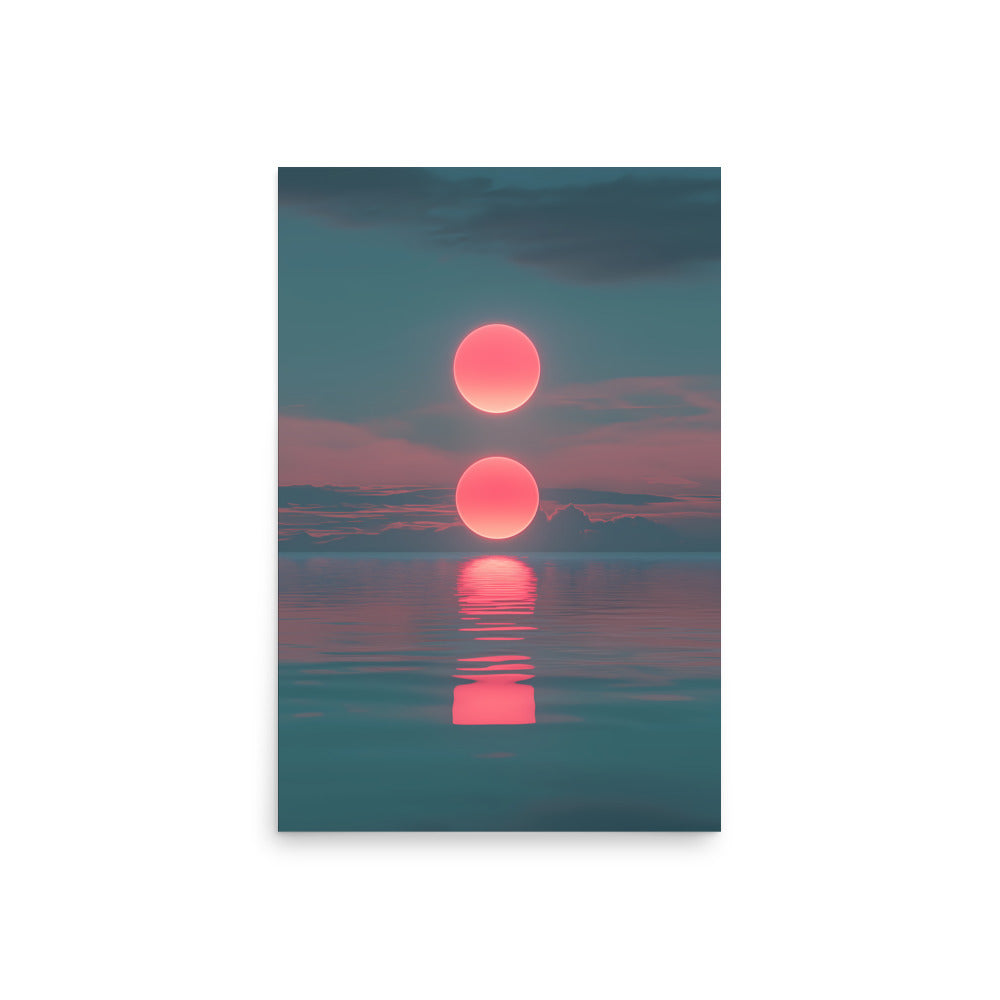 Two suns setting over water with a pink and blue gradient sky.