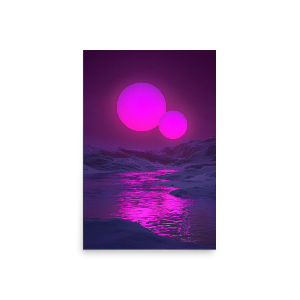 Futuristic landscape with glowing pink spheres over a reflective water surface