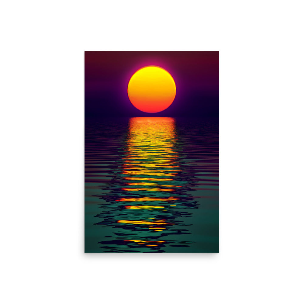 Sunset over water with a vibrant orange sun reflecting on the water surface.