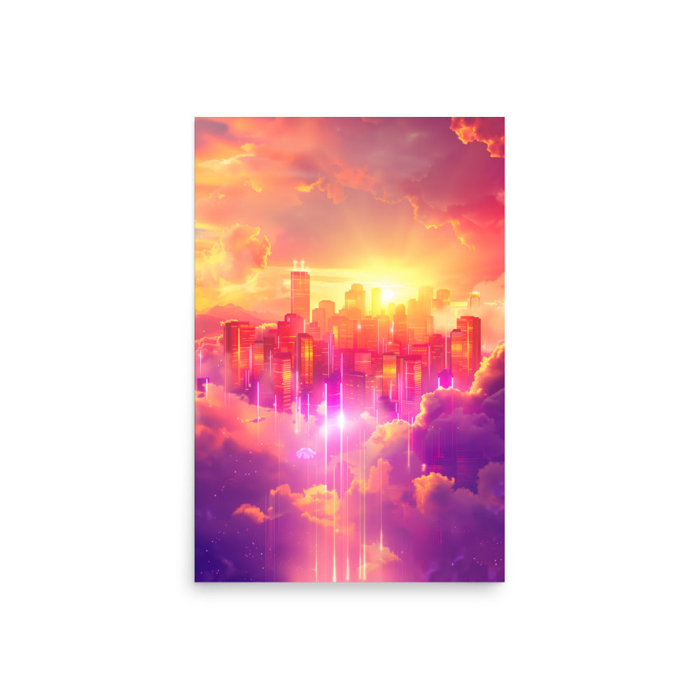Futuristic cityscape with neon lights and vibrant colors in a cloud-filled sky