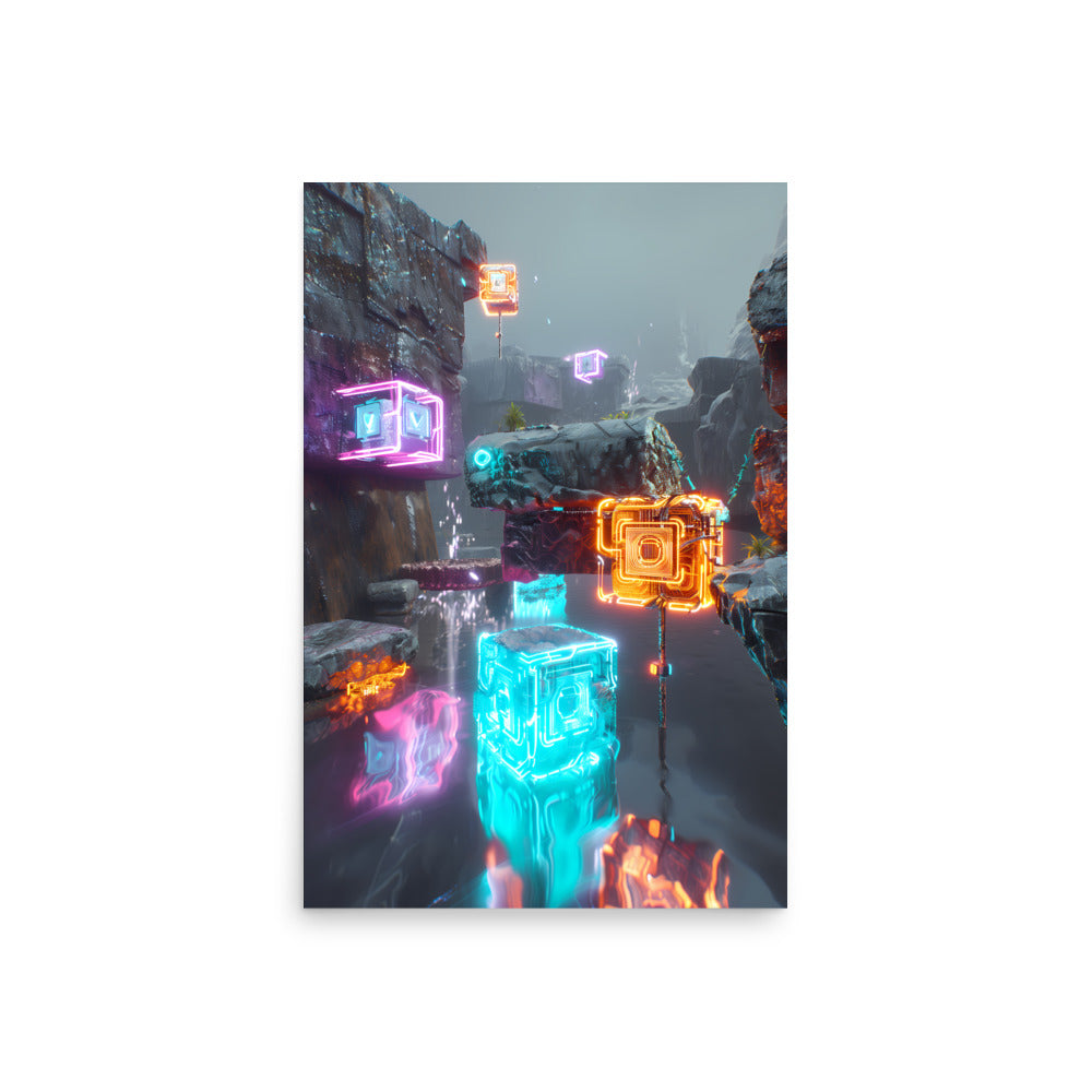 Neon glowing cubes in a futuristic cityscape