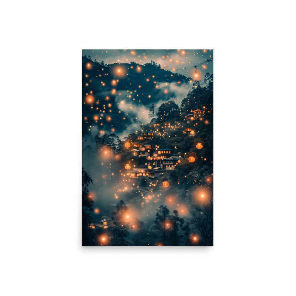 Futuristic cityscape with glowing lights on a mountainous landscape