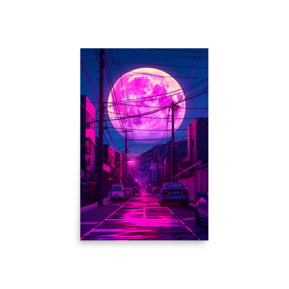 Neon-lit street scene with a large purple moon in the sky.