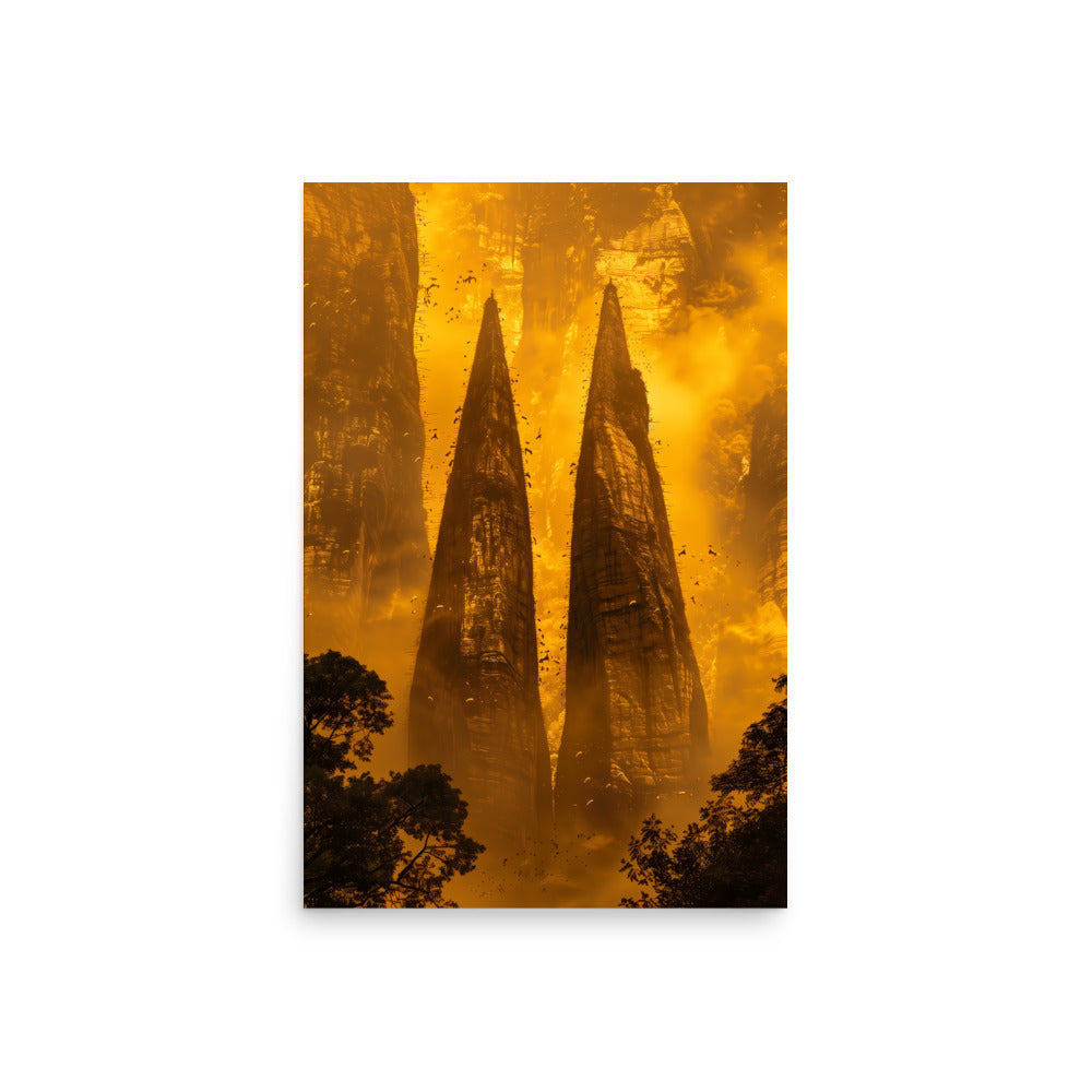 Two tall, narrow rock formations with a golden-orange hue, surrounded by trees, on a white background.
