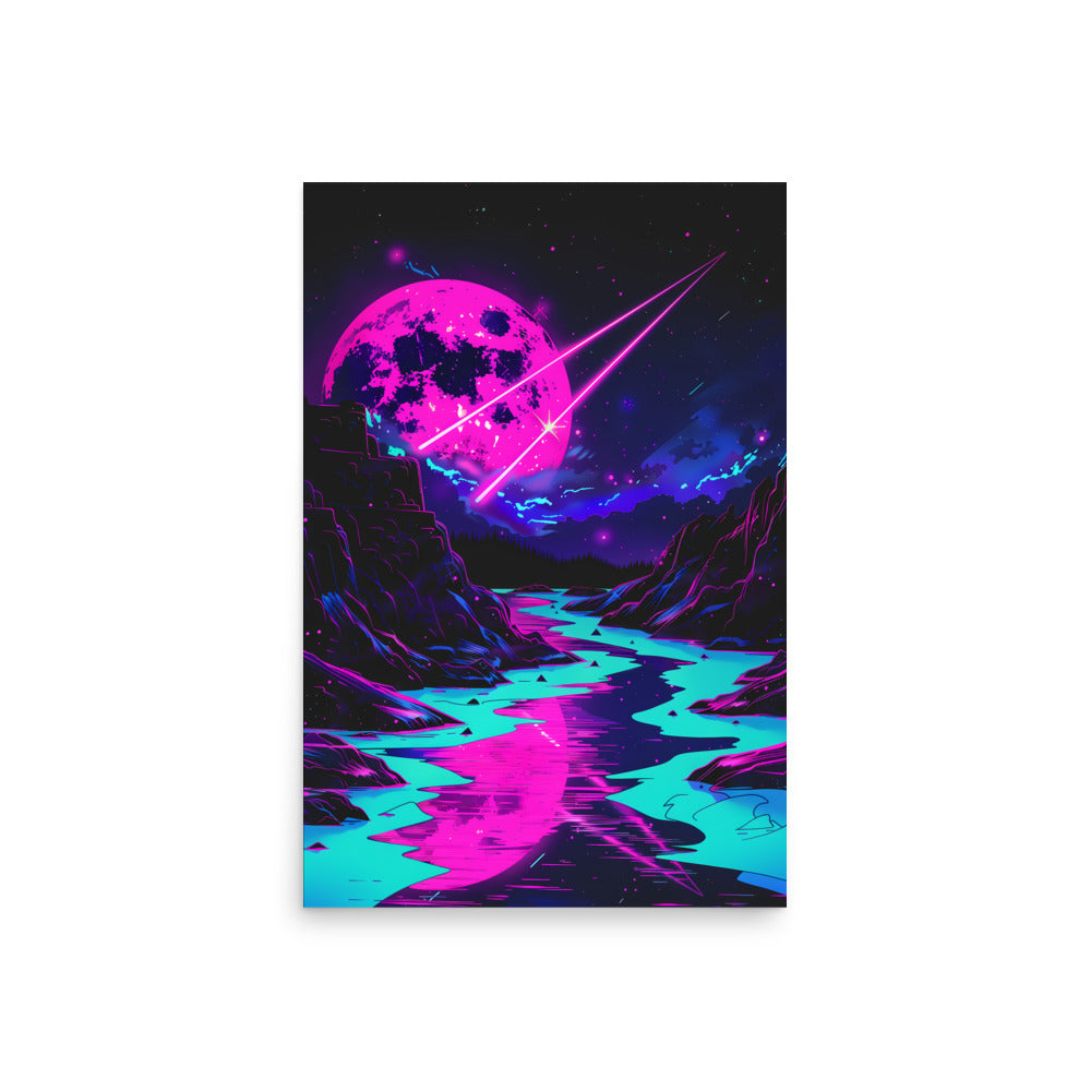 Futuristic landscape with a pink moon and blue reflections on a white background