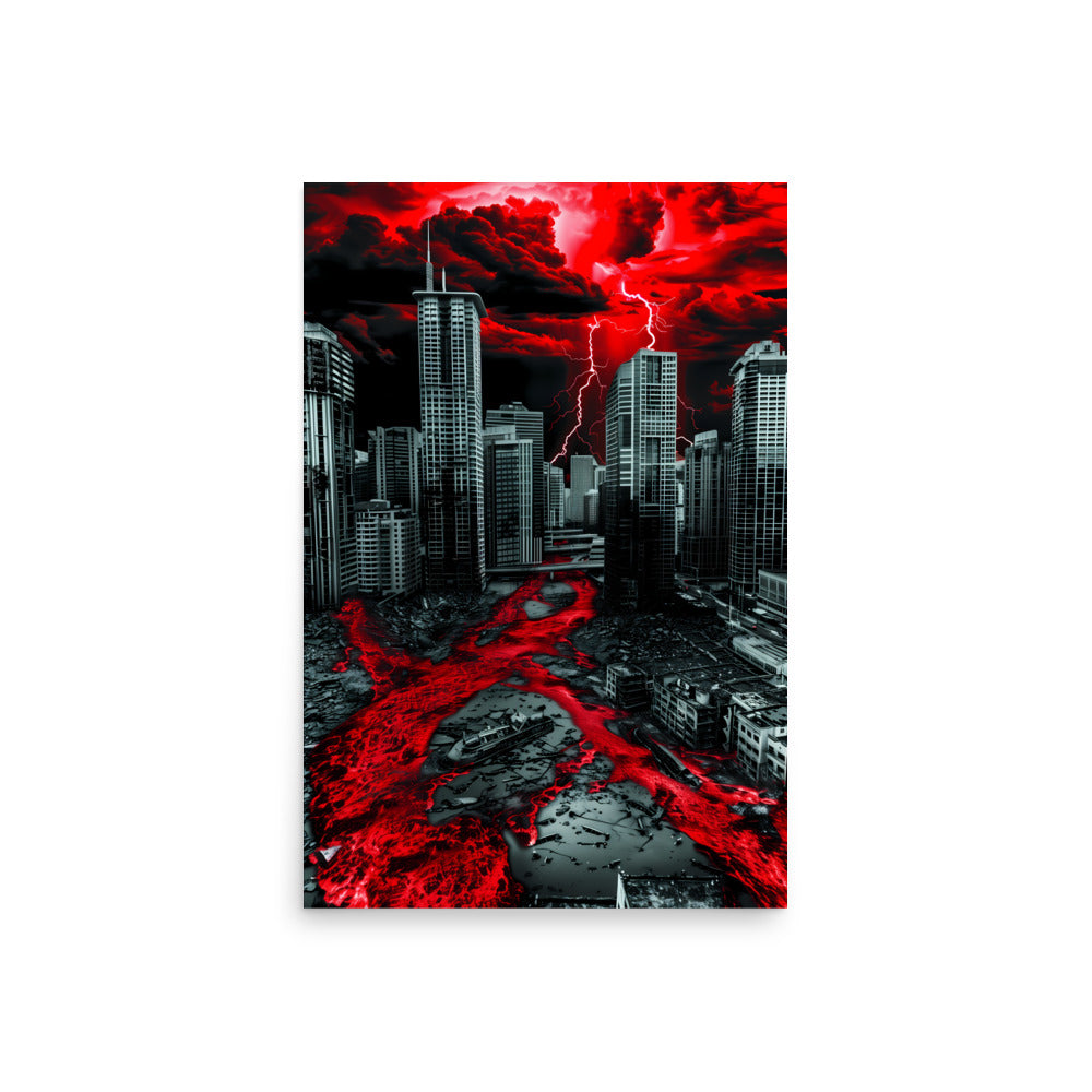 Apocalyptic cityscape with red liquid and lightning on a white background