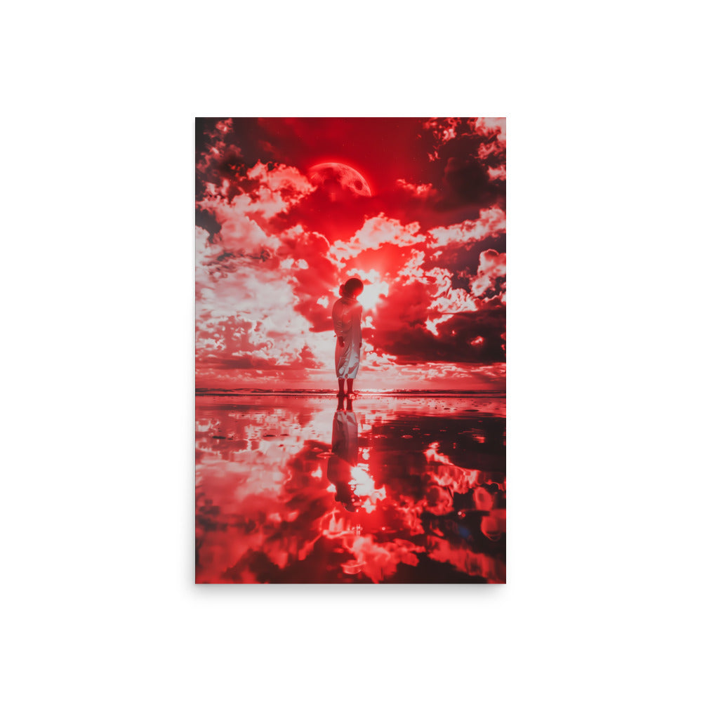 Person standing in water with a red and black abstract sky reflection
